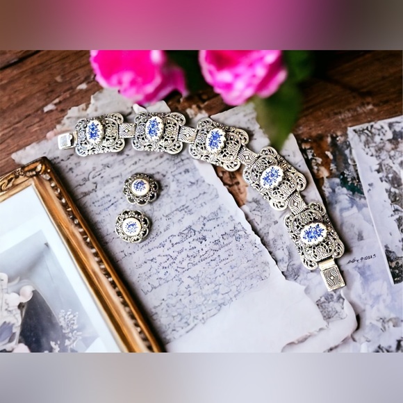 Vintage Dutch Ceramic silver filagree etched bracelet & earrings - Picture 2 of 10